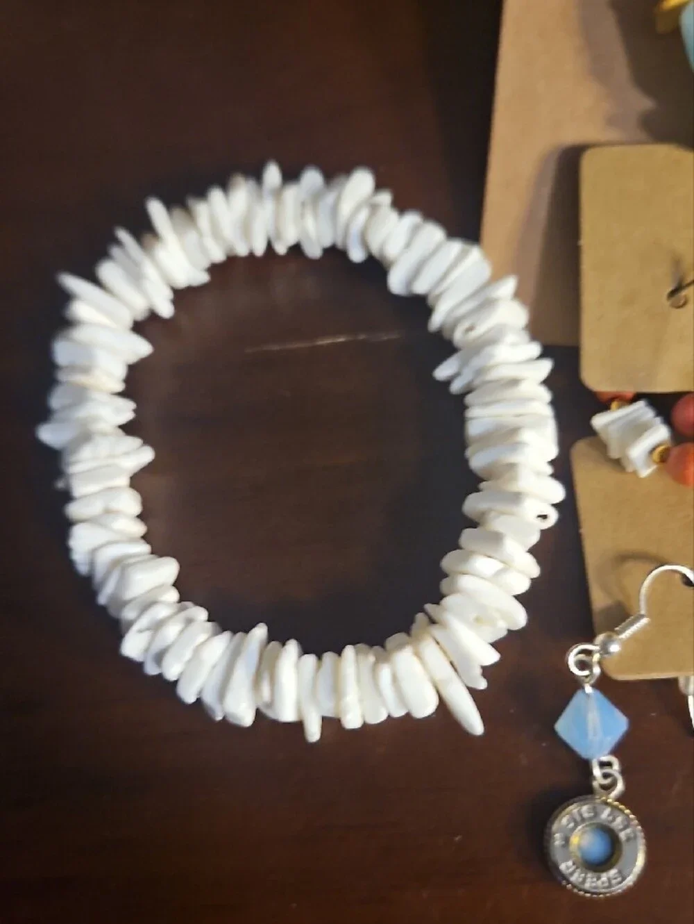 White Shell Stretch Bracelet with Blue Bead Accent Earrings Set